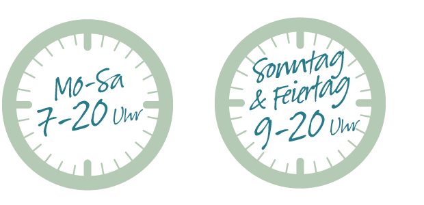 Mo - Sa 07:00 - 20:00 Uhr und Sonn- und Feiertag 09:00 - 20:00 Uhr Mo - Sa 07:00 - 20:00 Uhr und Sonn- und Feiertag 09:00 - 20:00 Uhr