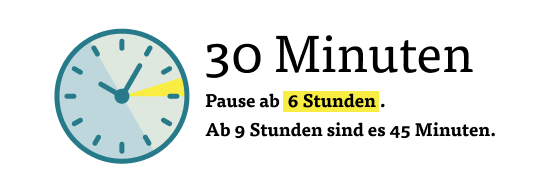 30 Minuten Pause ab 6 Stunden Arbeitszeit 30 Minuten Pause ab 6 Stunden Arbeitszeit
